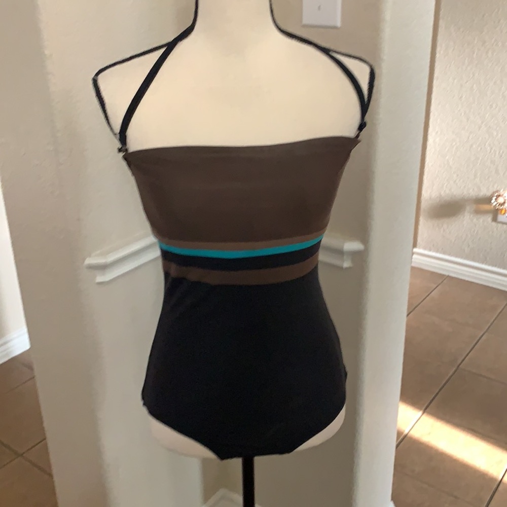 DKNY black, brown & teal striped one piece swimsuit halter Size M - Picture 6 of 17